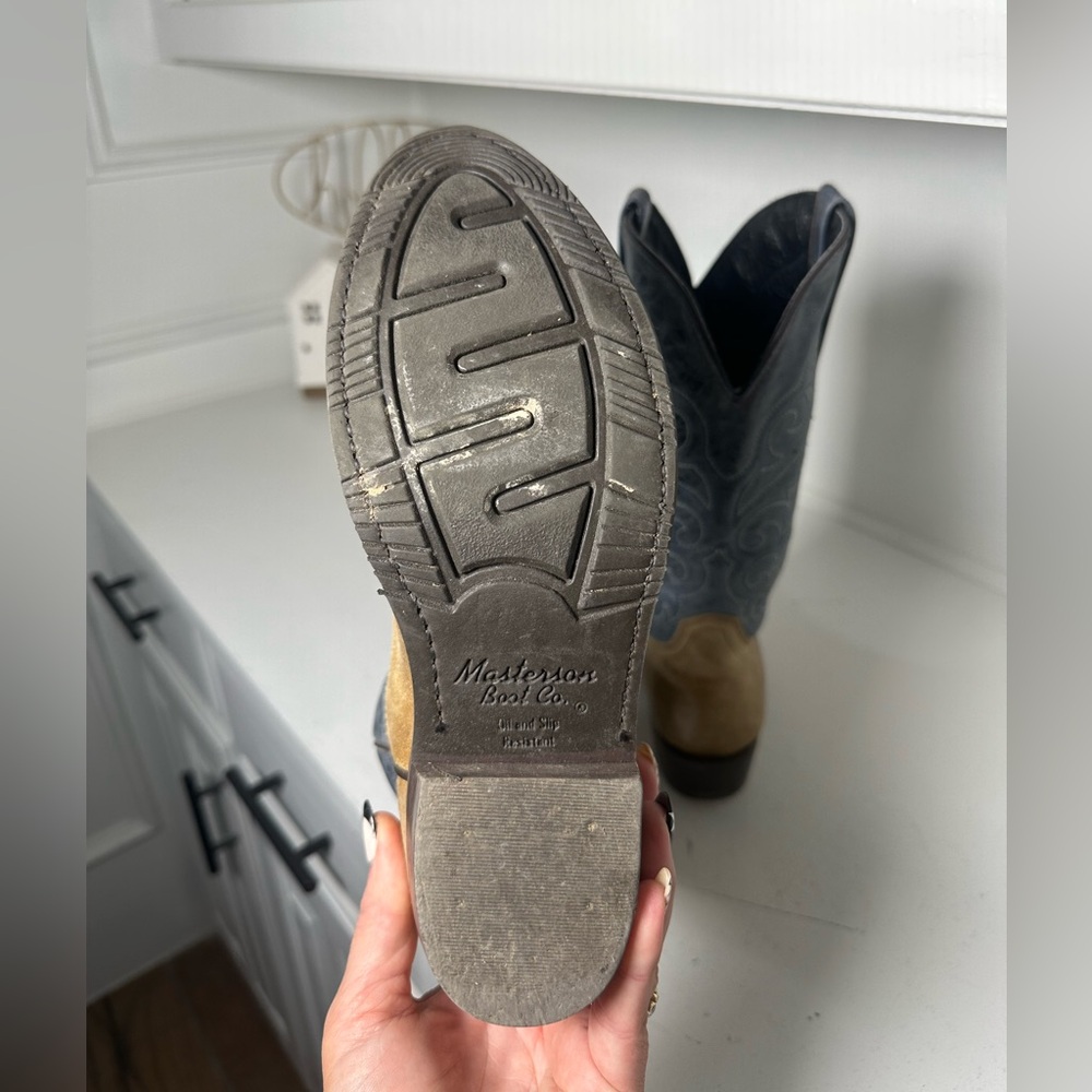 Masterson Boots Women’s 7.5M Two Tone Western Cowboy Boots Tan & Blue Leather - Picture 8 of 9